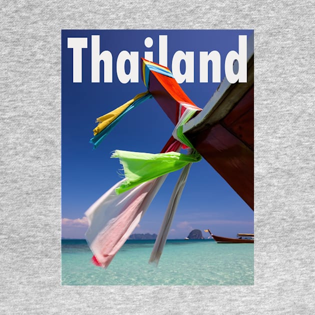 Thailand beach scene of a long tail boat on idyllic shores, typography. by Earthworx